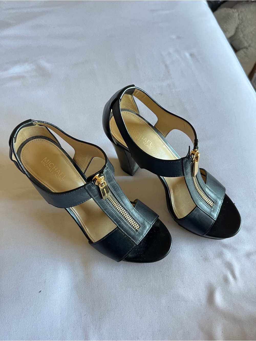Michael Kors Black Leather T-Strap Heeled Sandals with Gold Zipper